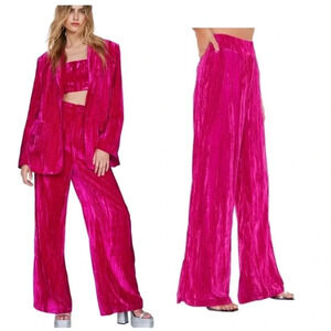 NASTY GAL Crushed Velvet High Waisted Y2K Wide Leg Pink Pants Size 6 Barbie